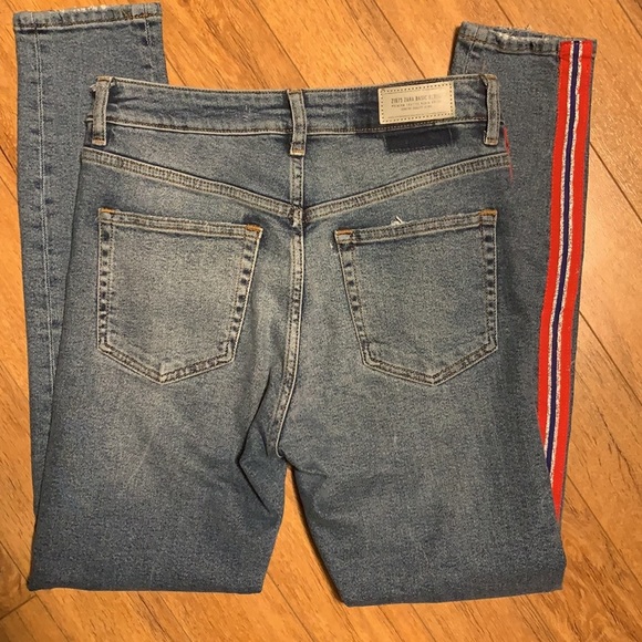3/$25 ‼️ Zara Z1975 Denim High Waist Jeans Red & White Racing Stripe, Distressed - Picture 6 of 11